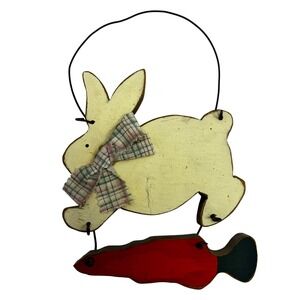 Vintage‎ Primitive Wood Easter Bunny Wall Hanging Plaid Bow Red Carrot Decor
